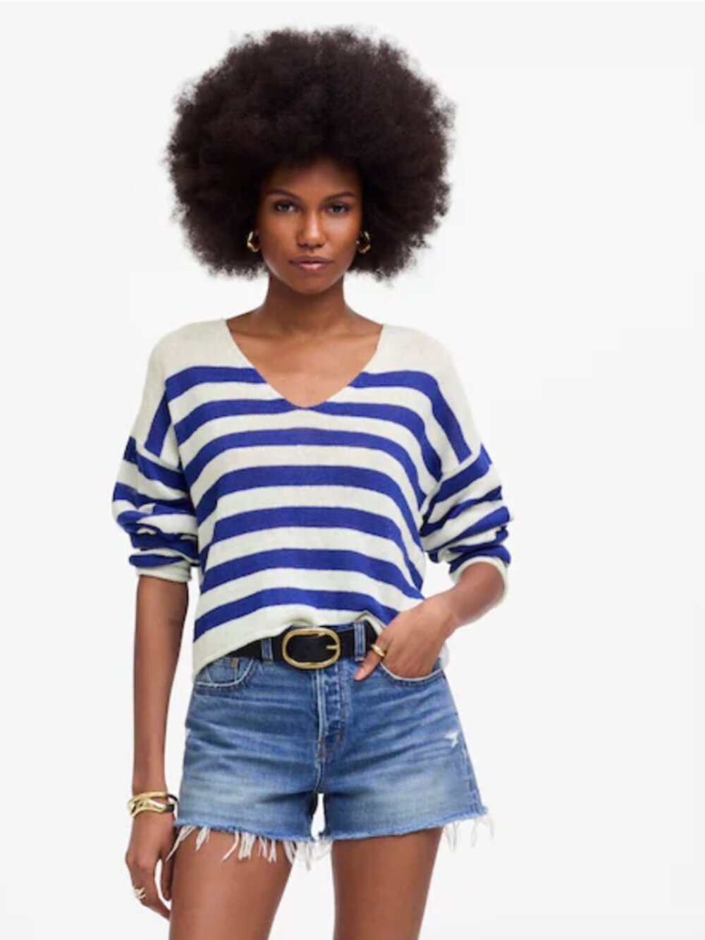 NWT Madewell Striped Linen V-Neck Sweater Size XXL